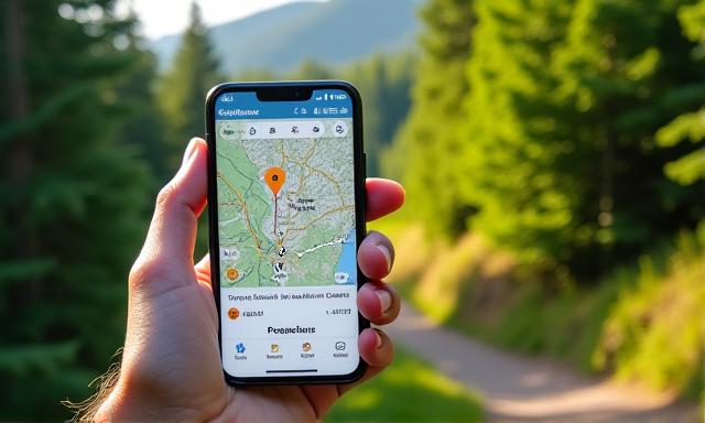 山道を歩くハイカーがスマホアプリを使用している様子